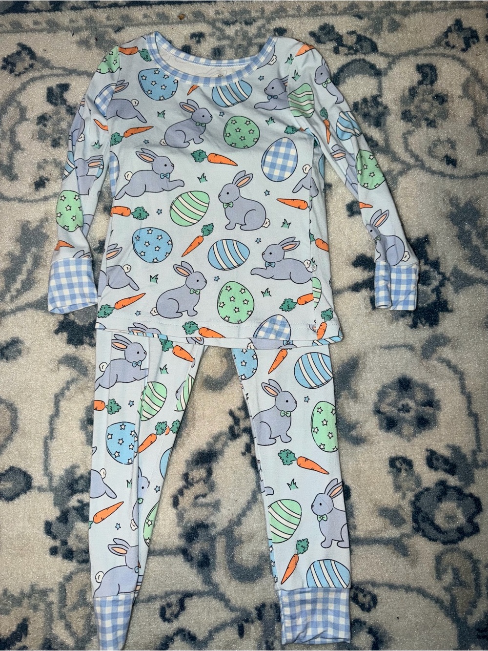 Caden Lane Light Blue Bunny & Egg Sleep Set with Gingham Trim